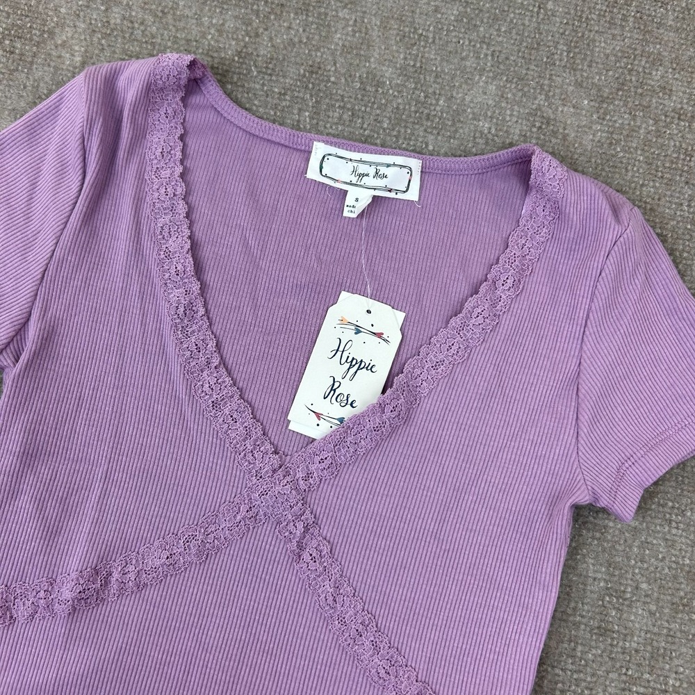 Hippie Rose Blouse Top Womens Small Purple Ribbed Lace Trim Plunge V Neck Casual